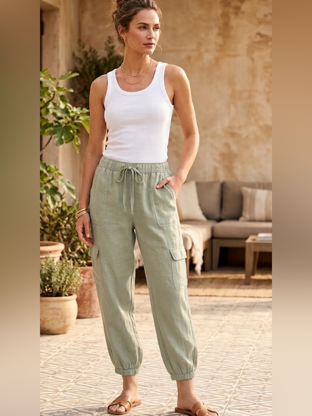 Nicole Miller 100% Linen Pale Sage Green Women’s Cargo Jogger Size L